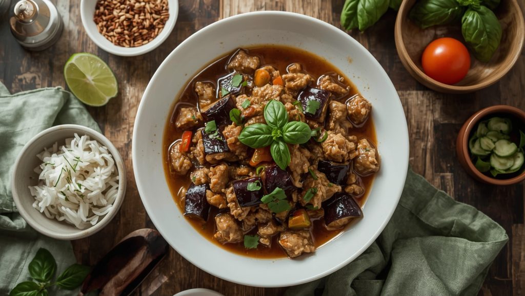 Thai Gebratene Auberginen mit Hackfleisch