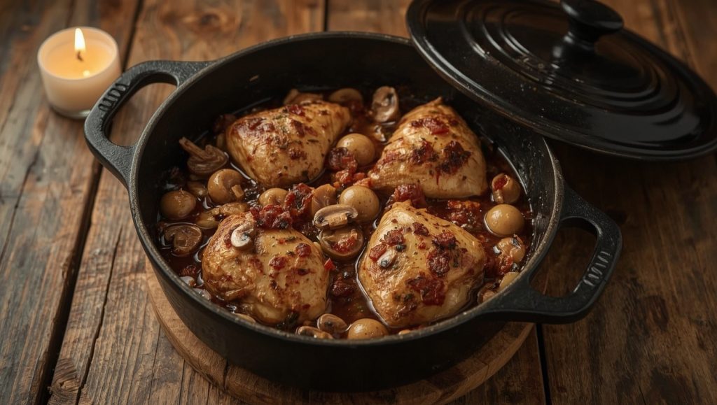Coq au Vin: Hähnchen in Rotwein auf französische Art